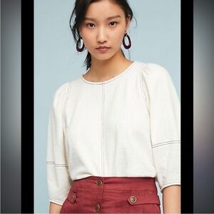 Anthropologie Current Air Cream Blouse with Subtle Stitching